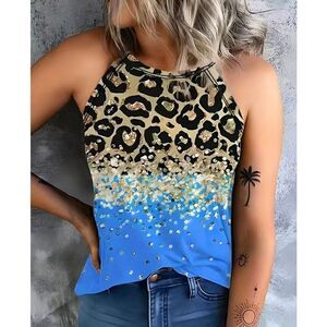 NEW SZ M Woman’s Royal Blue Leopard Print Halter Tank Top